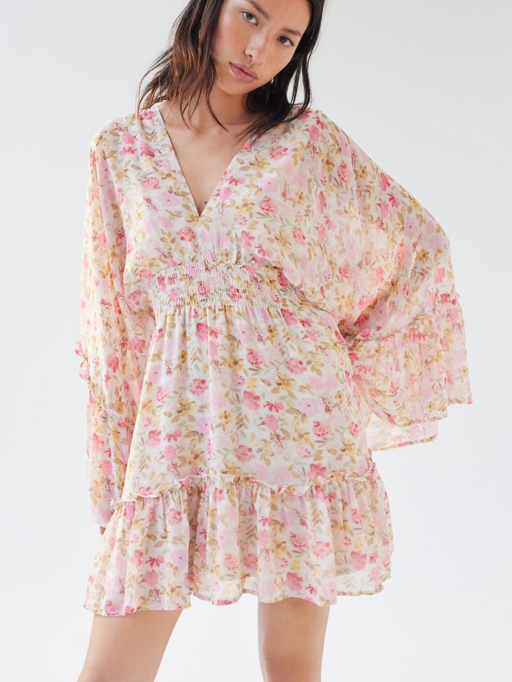 Urban Outfitters Pink and Cream Floral V‑Neck Mini Dress
